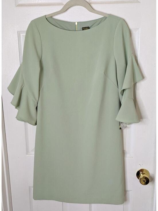 Taylor Dresses & Skirts - Taylor "Jan" Pastel Sage Green Ruffled 3/4 Sleeve Shift Dress Size 4 NWT 9491M